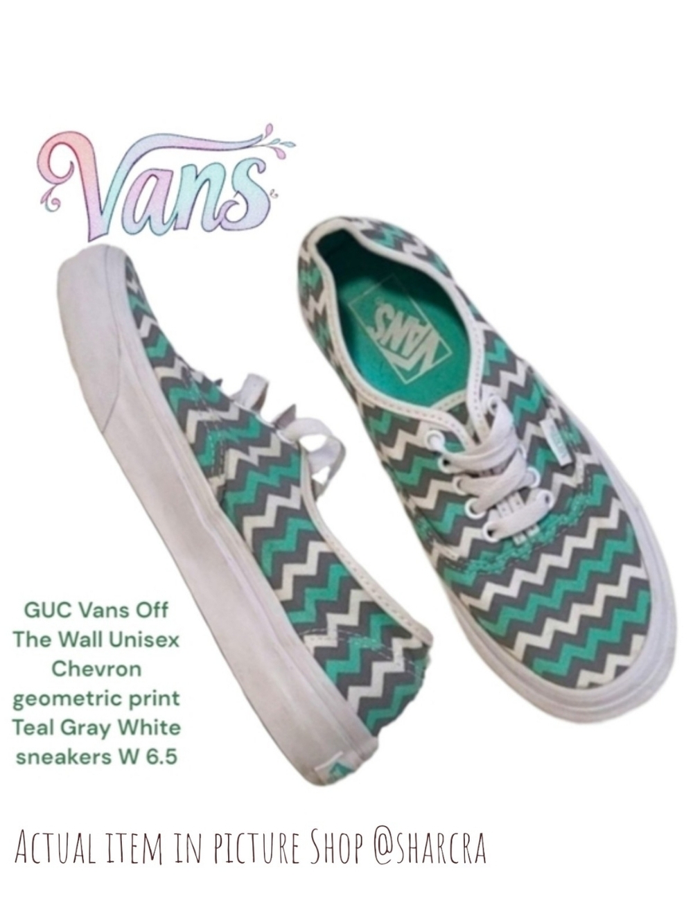 Vans Off The Wall Women's Unisex Chevron geometric print Teal White sneakers 6.5